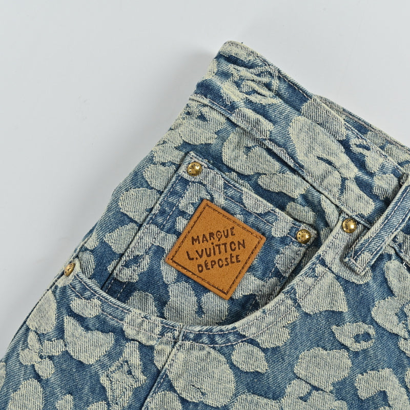 Louis Vuitton Leopard Jacquard Wide-Leg Jeans — Blue Grey
