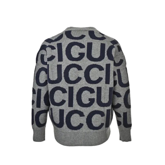 Gucci Grey Oversized Letter Jacquard V-Neck Knit Cardigan