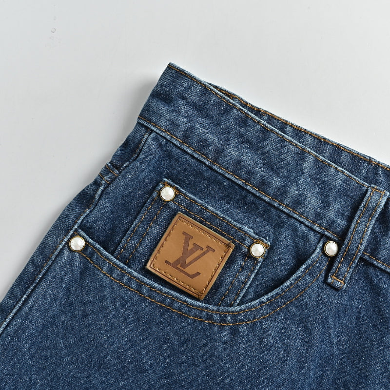 Louis Vuitton Leather Patch Washed Denim Shorts — Indigo Blue