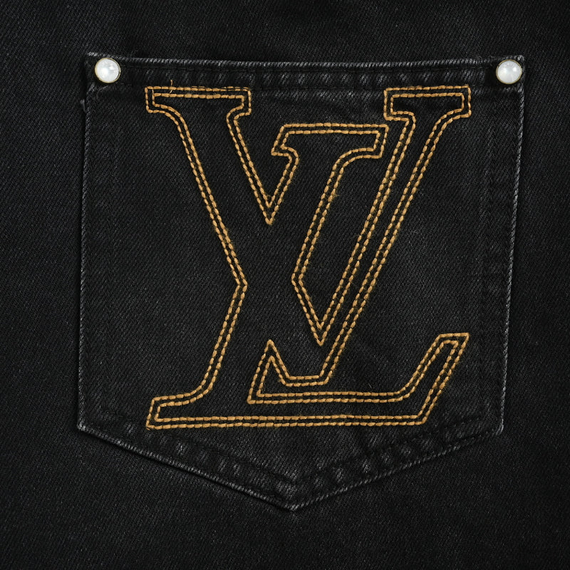 Louis Vuitton Leather Tab Wide-Leg Jeans — Black