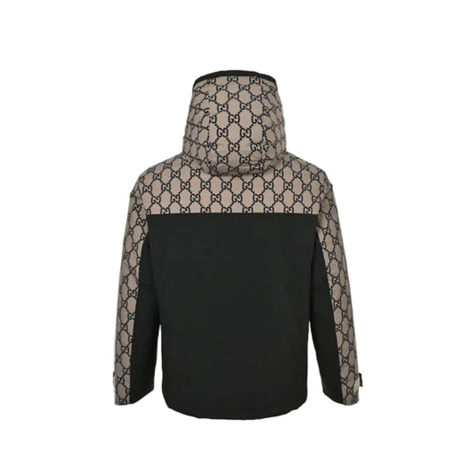 Gucci Beige GG Monogram Jacquard Black Colorblock Full-Zip Hooded Windbreaker Jacket