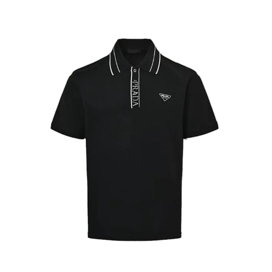 PRADA Milano Double Stripe Tipping Triangle Embroidery Piqué Polo Shirt PRD Black