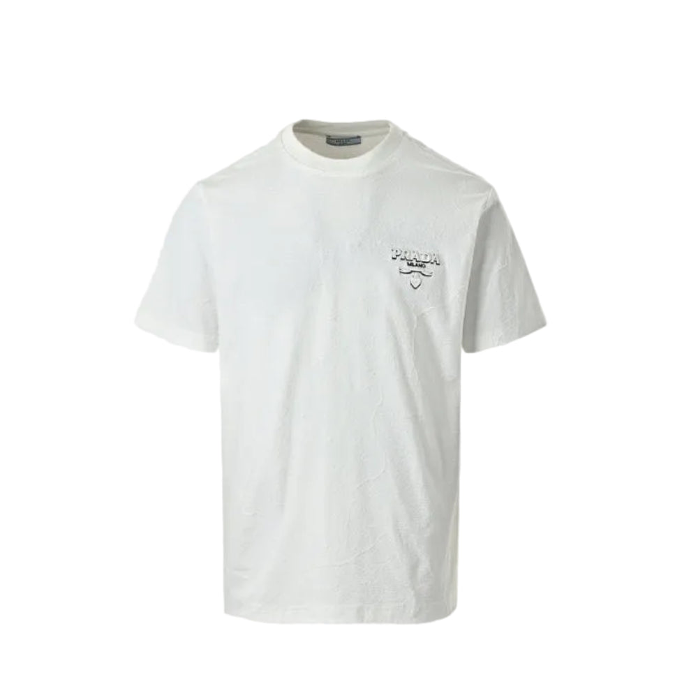 PRADA Milano 3D Logo Embroidered Jacquard Crewneck Tee PRD White