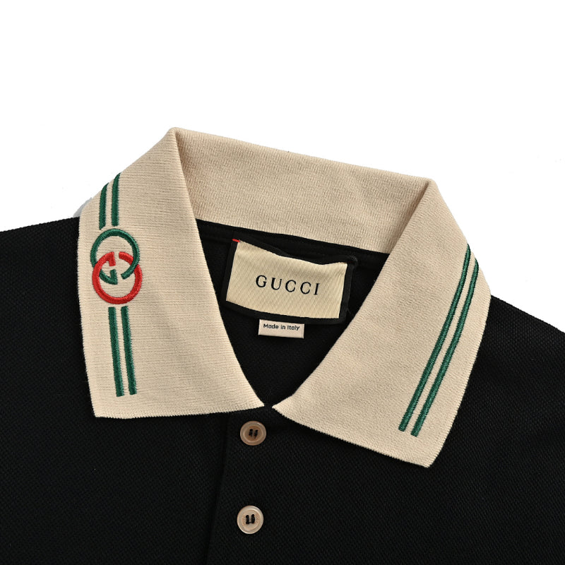 Gucci Black Piqué Contrast Collar GG Monogram Embroidered Stripe Tipped Polo Shirt