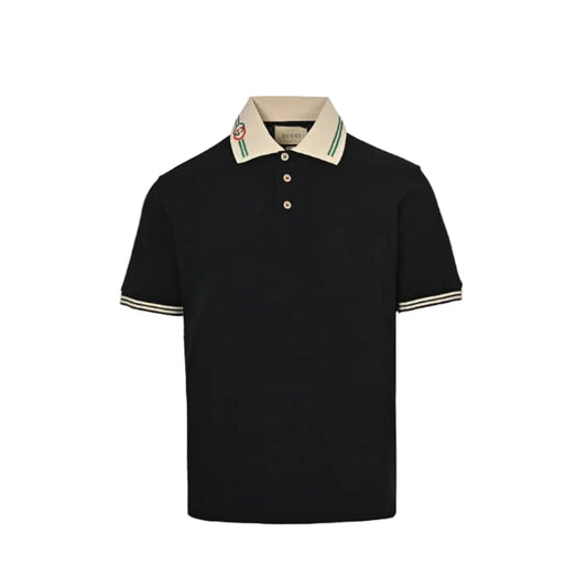 Gucci Black Piqué Contrast Collar GG Monogram Embroidered Stripe Tipped Polo Shirt