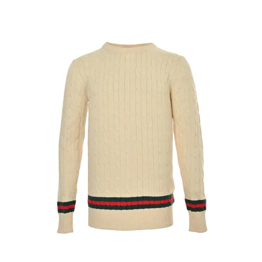 Gucci Ivory Ladder-Stitch Knit Crewneck Sweater with Heritage Stripe Trim