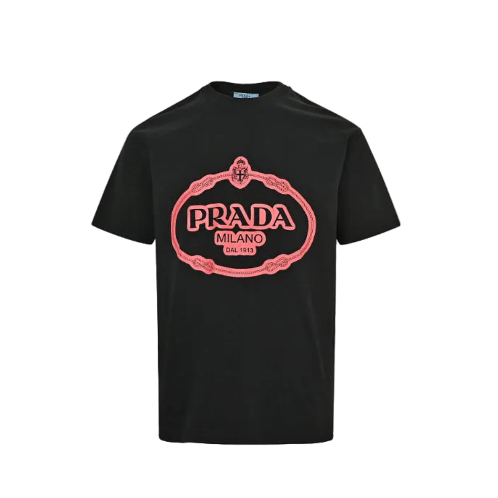 PRADA Milano Dal 1913 Oval Badge Flock Print Crewneck Tee PRD Black