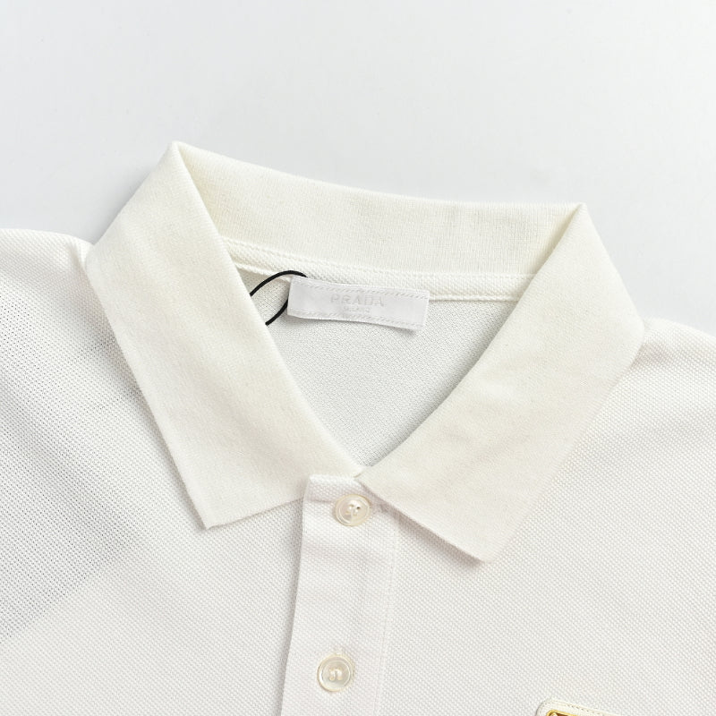 PRADA Milano Gold Metal Triangle Logo Piqué Polo Shirt PRD White