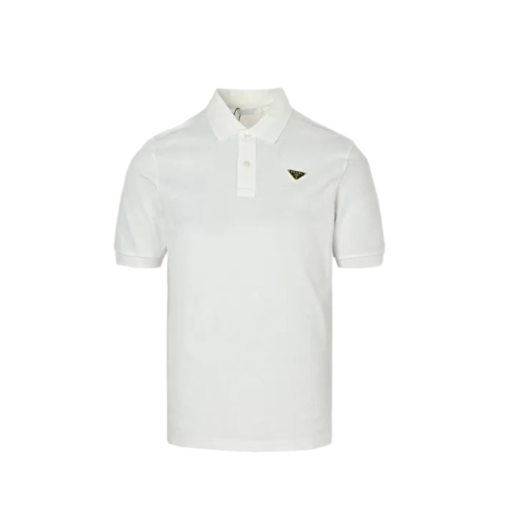 PRADA Milano Gold Metal Triangle Logo Piqué Polo Shirt PRD White