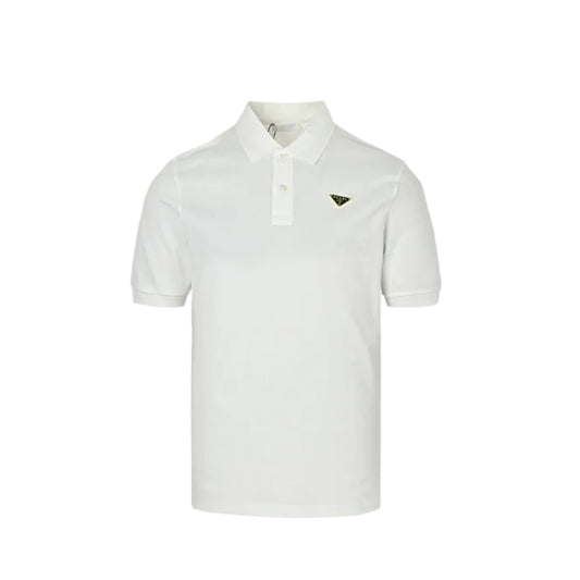 PRADA Milano Gold Metal Triangle Logo Piqué Polo Shirt PRD White