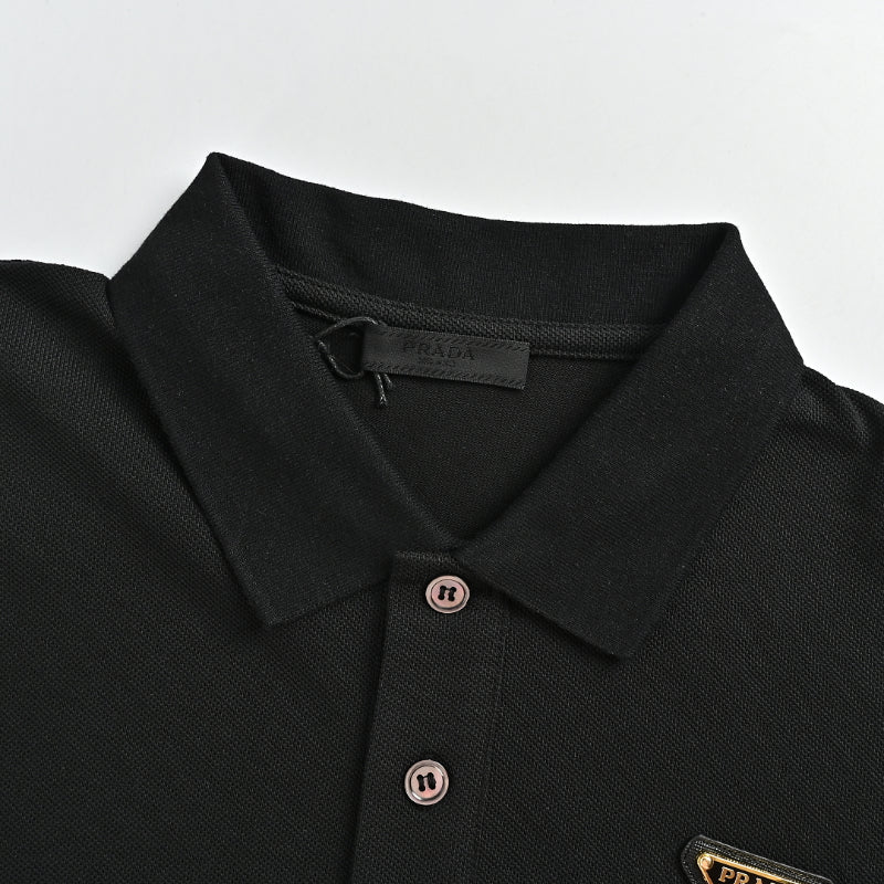 PRADA Milano Gold Metal Triangle Logo Piqué Polo Shirt PRD Black