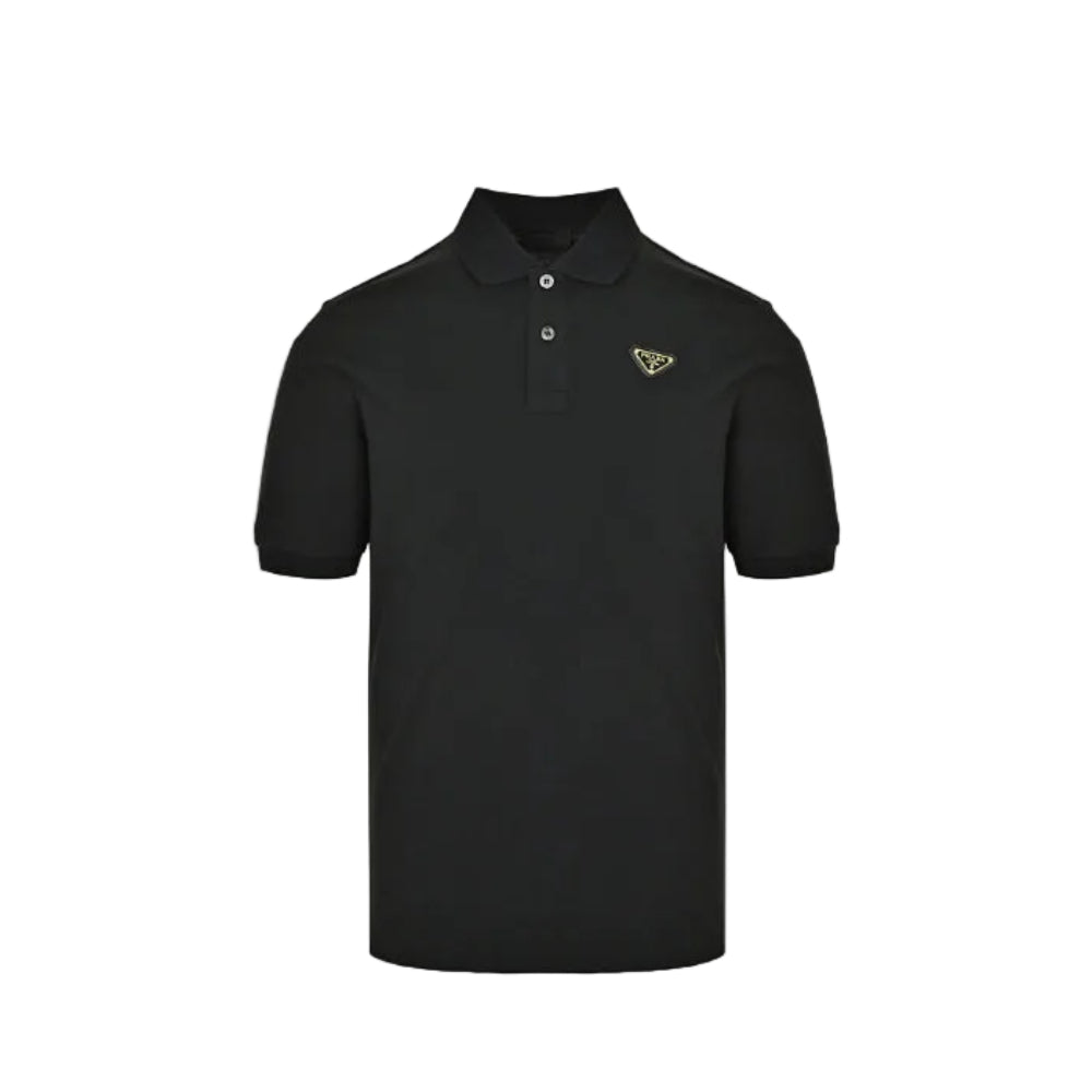 PRADA Milano Gold Metal Triangle Logo Piqué Polo Shirt PRD Black