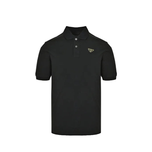 PRADA Milano Gold Metal Triangle Logo Piqué Polo Shirt PRD Black