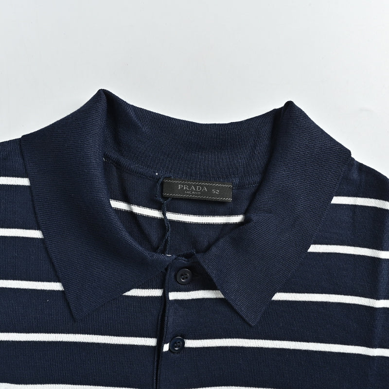 PRADA Breton Stripe Knit Polo Shirt PRD Navy White