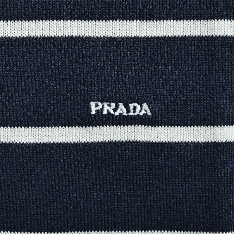 PRADA Breton Stripe Knit Polo Shirt PRD Navy White