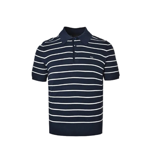 PRADA Breton Stripe Knit Polo Shirt PRD Navy White