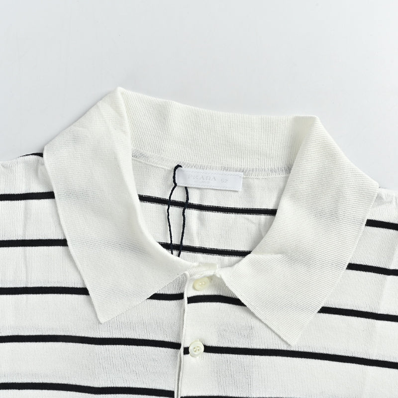 PRADA Breton Stripe Knit Polo Shirt PRD White Black