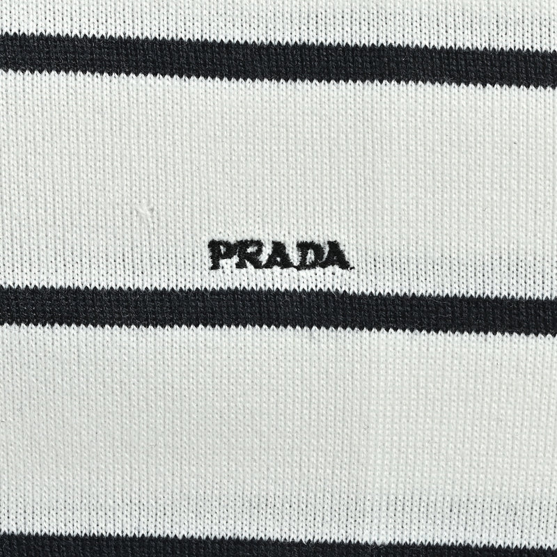 PRADA Breton Stripe Knit Polo Shirt PRD White Black