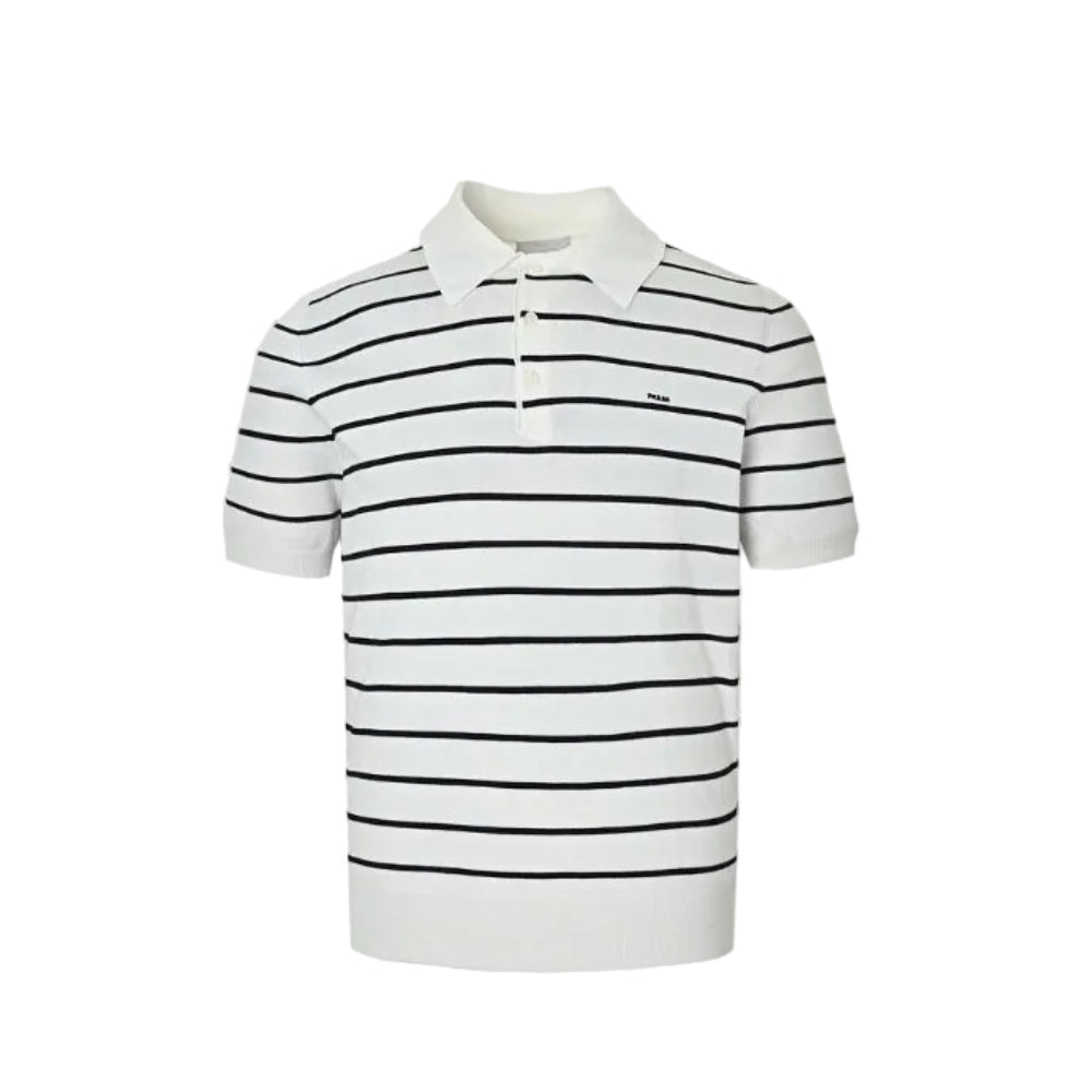 PRADA Breton Stripe Knit Polo Shirt PRD White Black