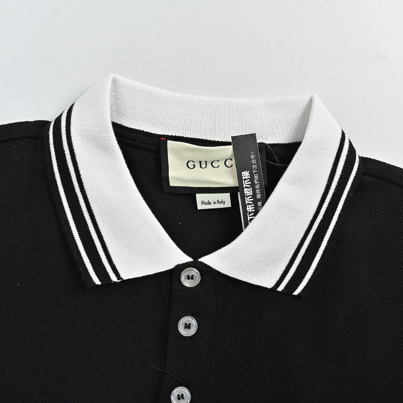 Gucci Black White Tipped Collar GG Circle Badge Piqué Polo
