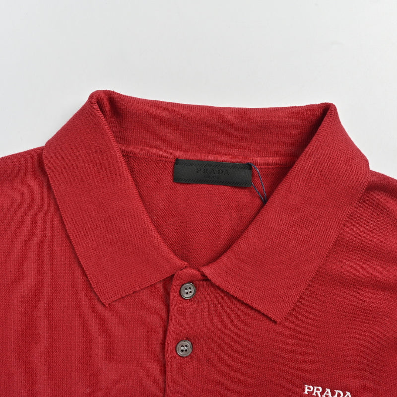 PRADA Milano Crest Embroidery Fine-Gauge Knit Polo Shirt PRD Crimson Red