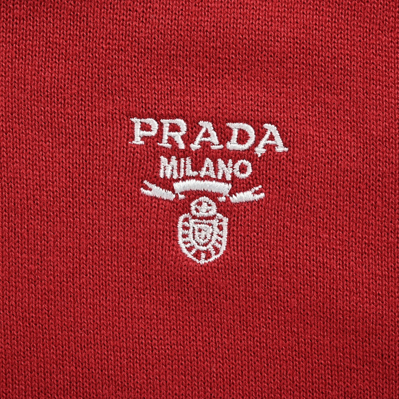 PRADA Milano Crest Embroidery Fine-Gauge Knit Polo Shirt PRD Crimson Red