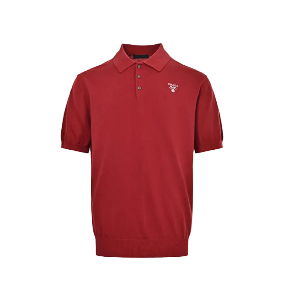 PRADA Milano Crest Embroidery Fine-Gauge Knit Polo Shirt PRD Crimson Red