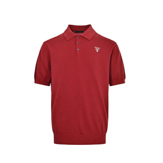 PRADA Milano Crest Embroidery Fine-Gauge Knit Polo Shirt PRD Crimson Red