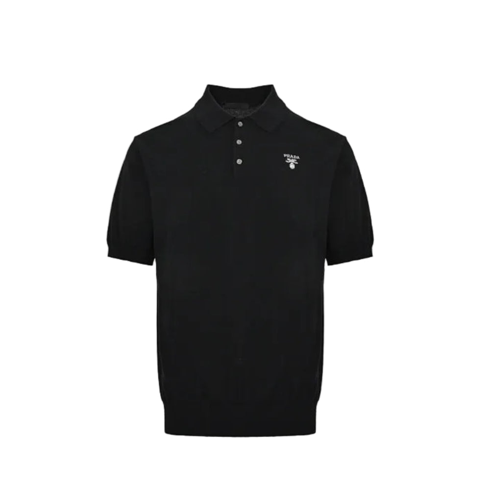 PRADA Milano Crest Embroidery Fine-Gauge Knit Polo Shirt PRD Black