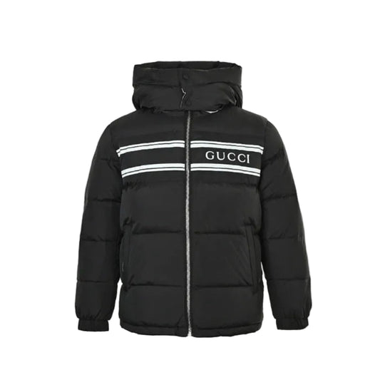 Gucci Black Down Puffer Hooded Jacket with Stripe Wordmark