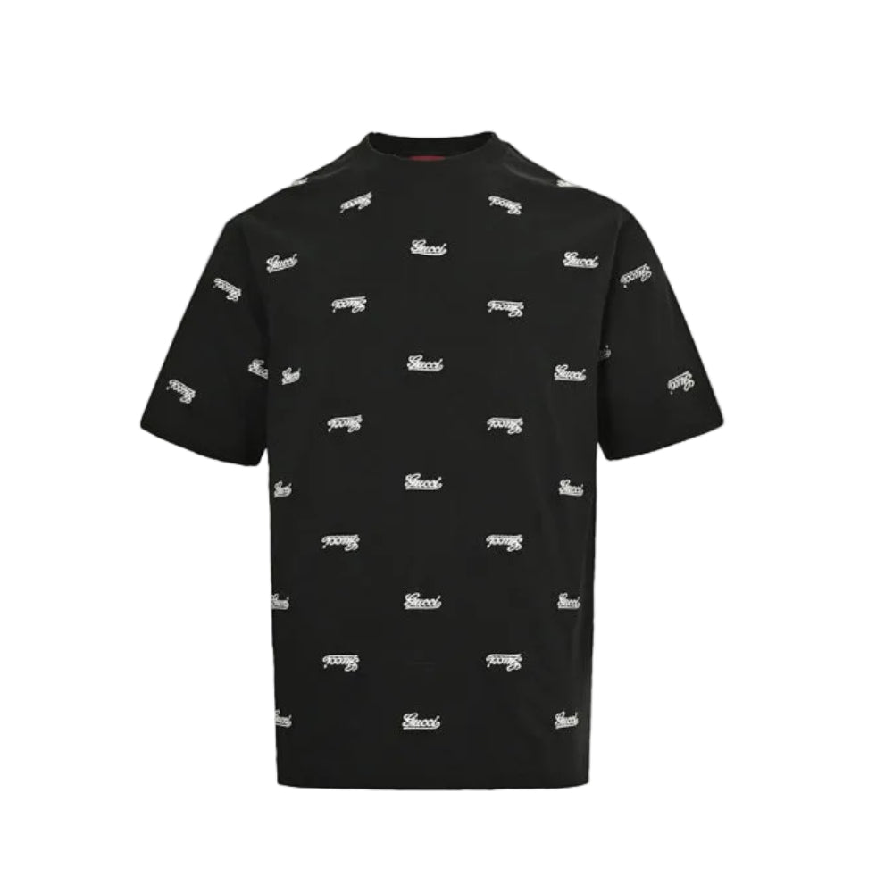 Gucci Black All-Over Script Logo Embroidered Heavyweight Tee