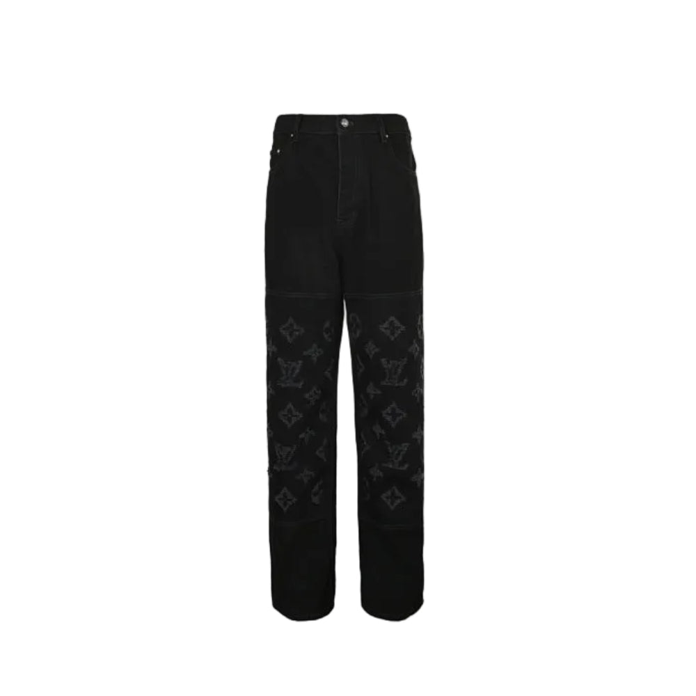 Louis Vuitton Oversized Tonal Monogram Wide-Leg Jeans — Black