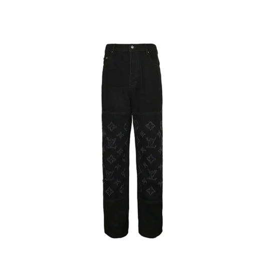 Louis Vuitton Oversized Tonal Monogram Wide-Leg Jeans — Black