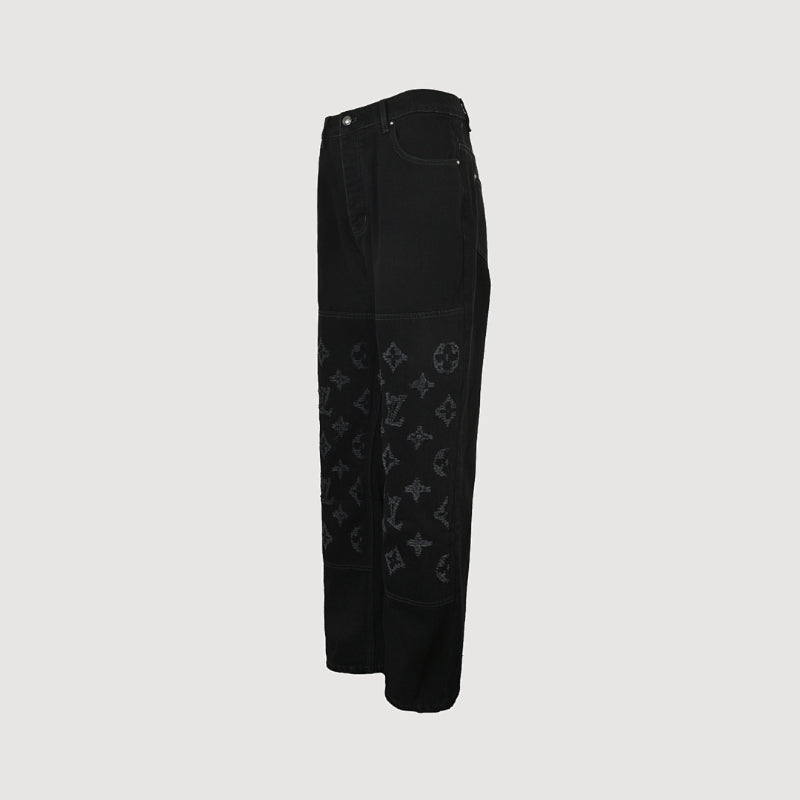 Louis Vuitton Oversized Tonal Monogram Wide-Leg Jeans — Black