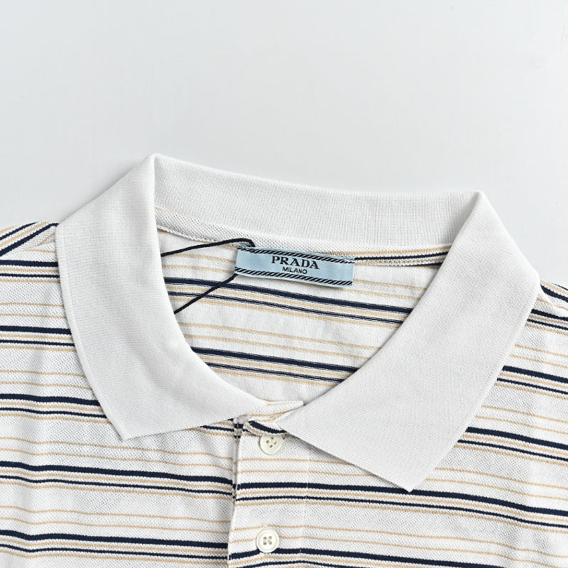 PRADA Royal Crest Embroidered Multi-Stripe Knit Polo Shirt PRD White