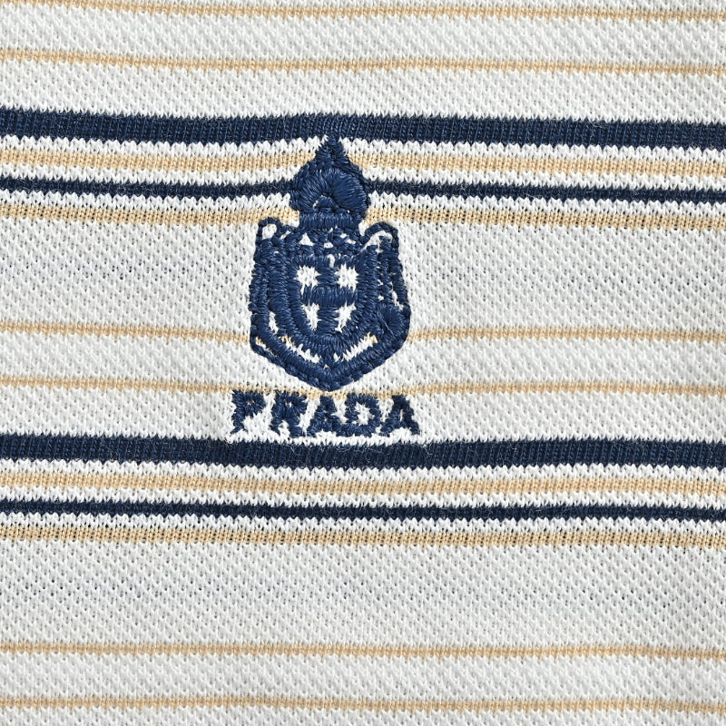 PRADA Royal Crest Embroidered Multi-Stripe Knit Polo Shirt PRD White