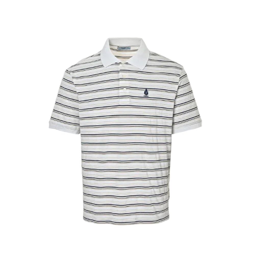PRADA Royal Crest Embroidered Multi-Stripe Knit Polo Shirt PRD White
