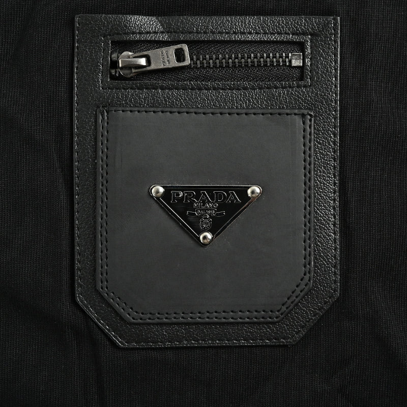PRADA Re-Nylon Leather-Finish Zip Pocket High-Neck Crewneck Tee PRD Black
