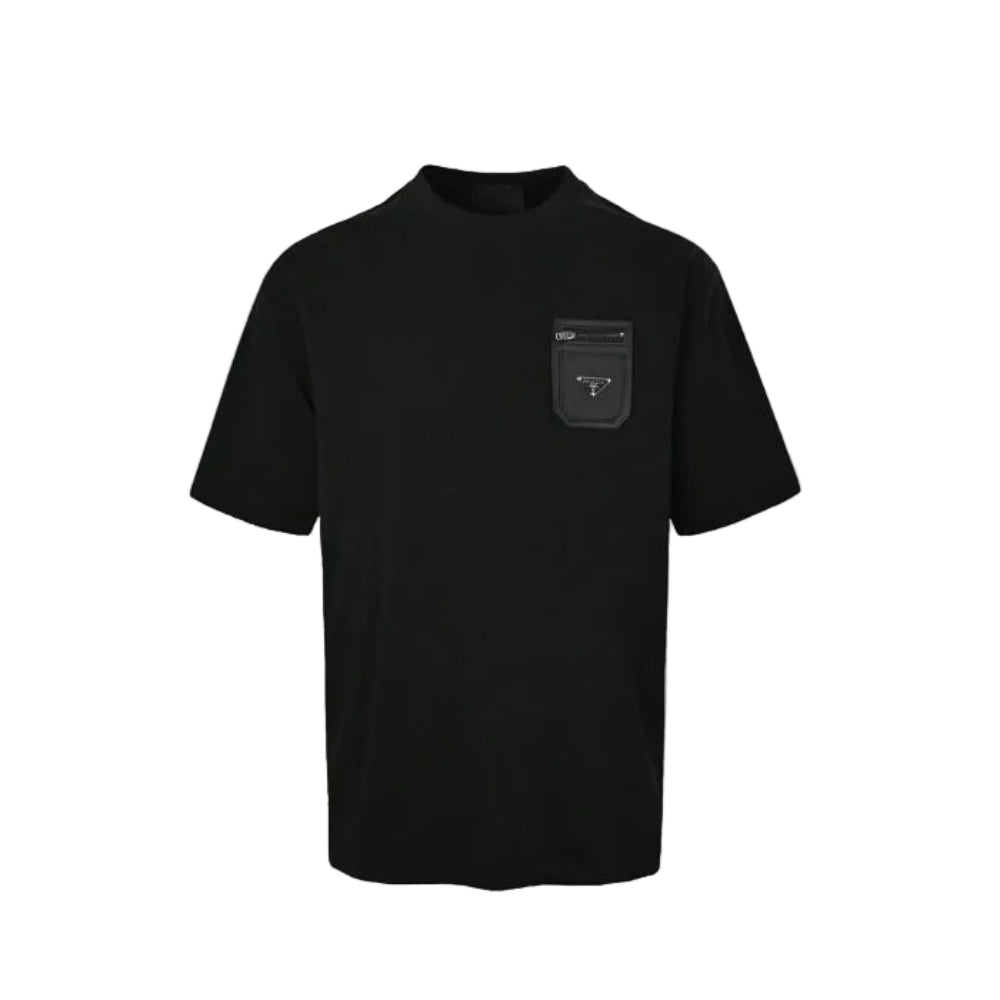 PRADA Re-Nylon Leather-Finish Zip Pocket High-Neck Crewneck Tee PRD Black