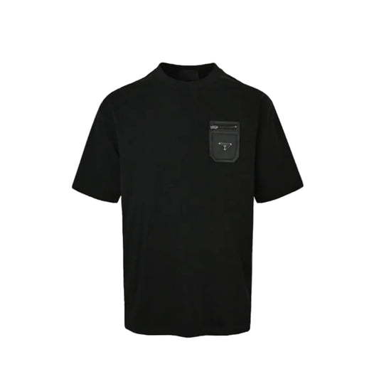 PRADA Re-Nylon Leather-Finish Zip Pocket High-Neck Crewneck Tee PRD Black