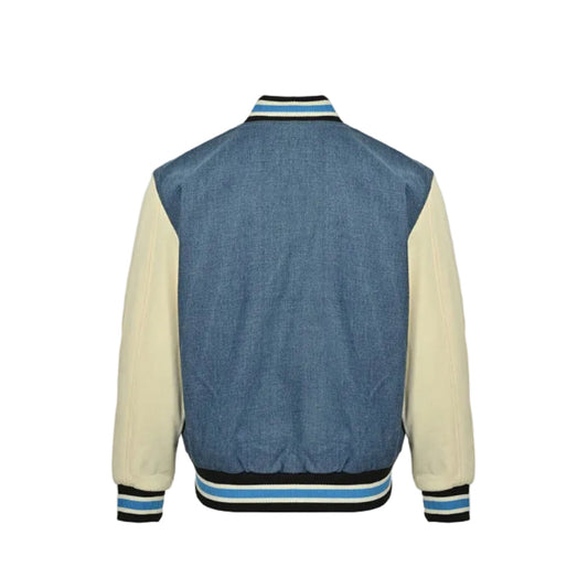 Gucci Blue Denim Varsity Jacket with Cream Leather Sleeves and Cherry Appliqué