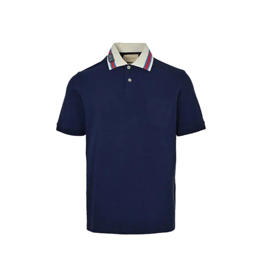 Gucci Navy Piqué Contrast Collar GG Badge Embroidered Stripe Tipped Polo Shirt