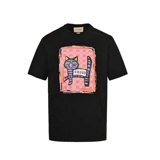 Gucci Black GG Monogram Frame Striped Cat Crayon Graphic Tee