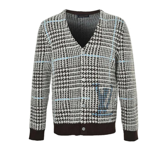 Louis Vuitton Glen Plaid Houndstooth Bouclé Knit V-Neck Cardigan – Black / White / Blue