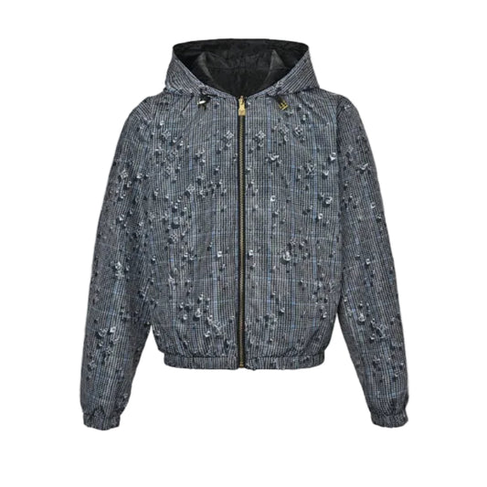 Louis Vuitton Monogram Scatter Embroidery Houndstooth Hooded Jacket – Charcoal