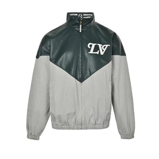 Louis Vuitton Cursive Logo Leather & Nylon V-Panel Jacket – Forest Green / Grey