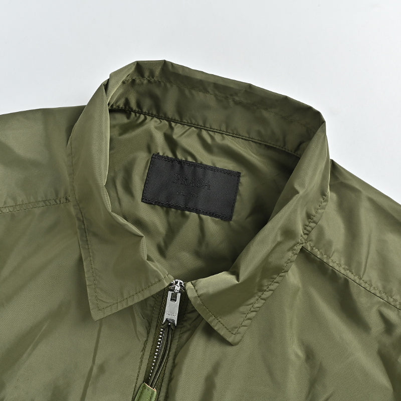 PRADA Re-Nylon Triangle Logo Short Sleeve Zip Shirt Jacket PRD Army Green