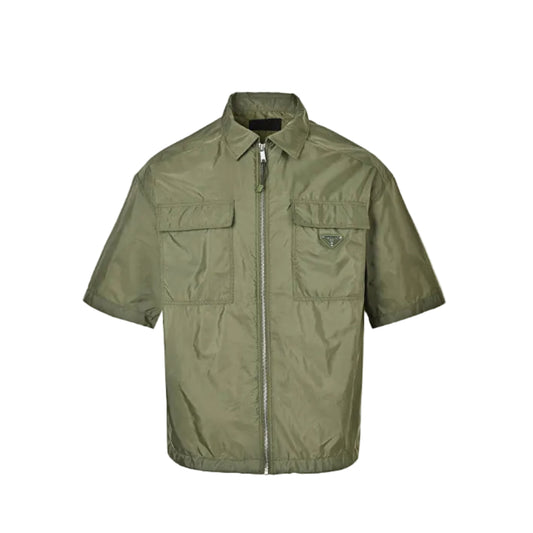 PRADA Re-Nylon Triangle Logo Short Sleeve Zip Shirt Jacket PRD Army Green