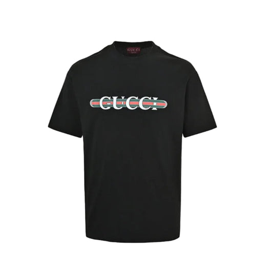 Gucci Black Web Stripe Serif Wordmark Graphic Tee