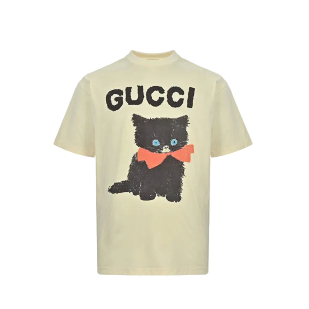 Gucci Butter Yellow Black Kitten Bow Brushstroke Graphic Tee